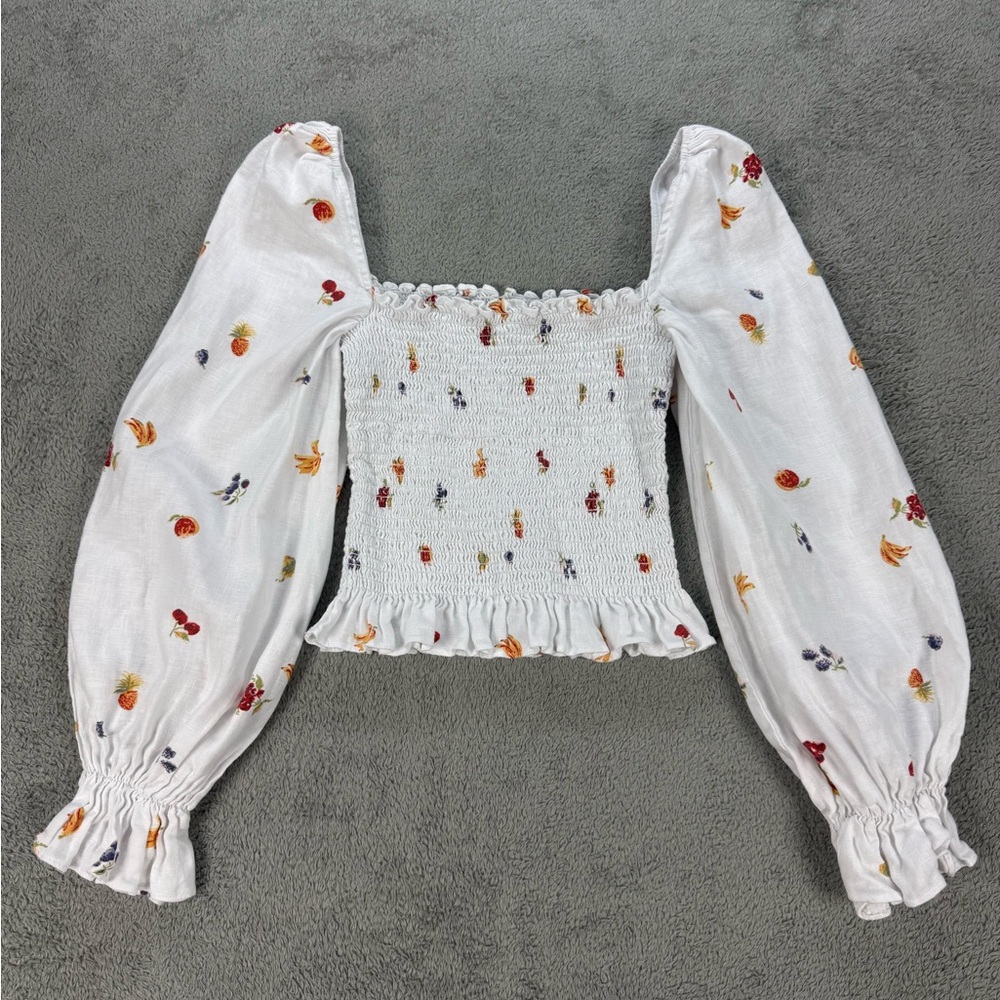 Reformation Tangerine Top 100% Linen Smocked Floral Print in White